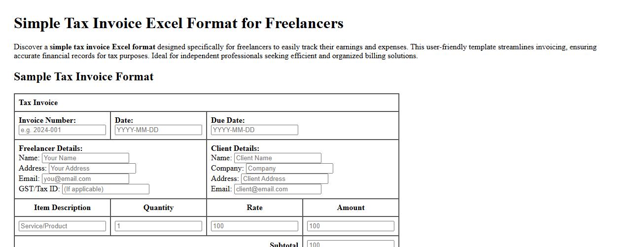 Simple tax invoice excel format for freelancers image preview