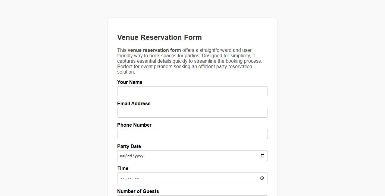 Simple venue reservation form sample for parties image preview