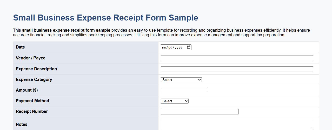 Small business expense receipt form sample image preview