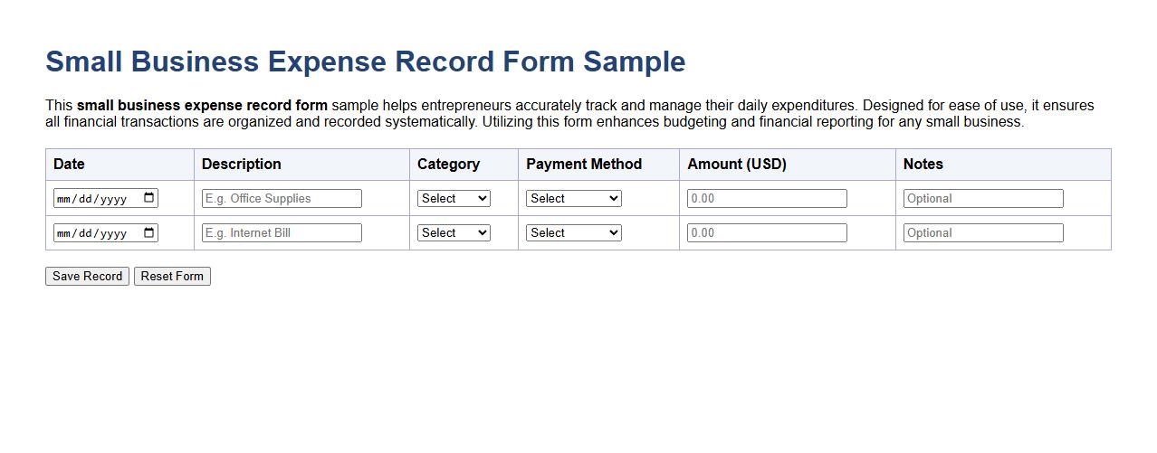 Small business expense record form sample image preview