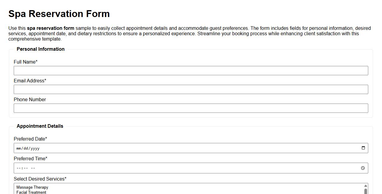 spa reservation form sample including dietary restrictions image preview