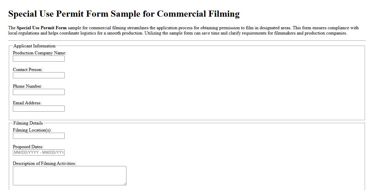 Special Use Permit Form Sample for Commercial Filming image preview
