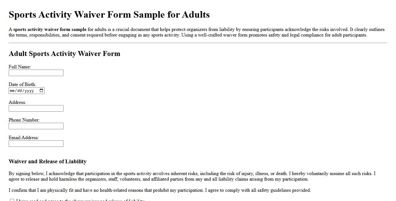 Sports activity waiver form sample for adults image preview
