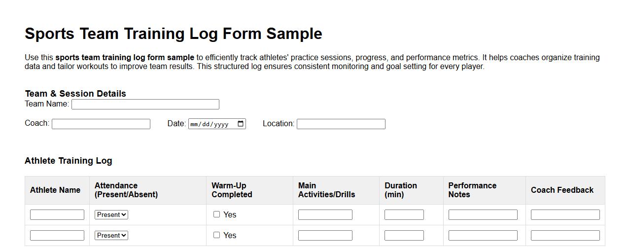 sports team training log form sample image preview