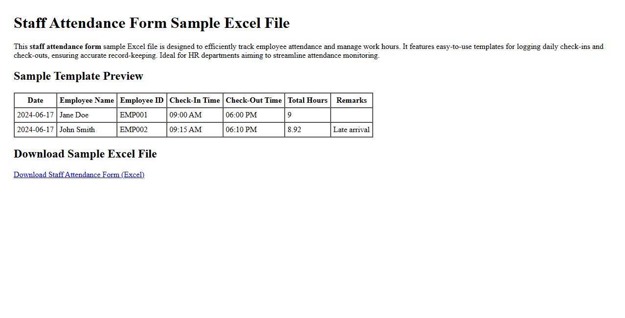staff attendance form sample excel file image preview