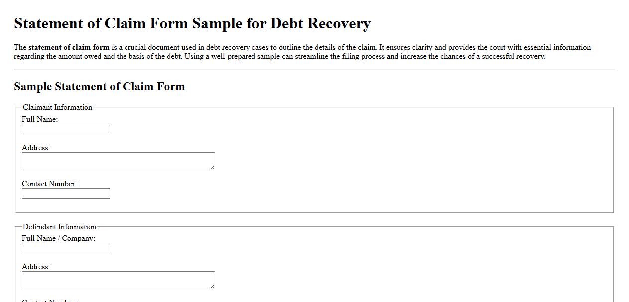 Statement of claim form sample for debt recovery image preview