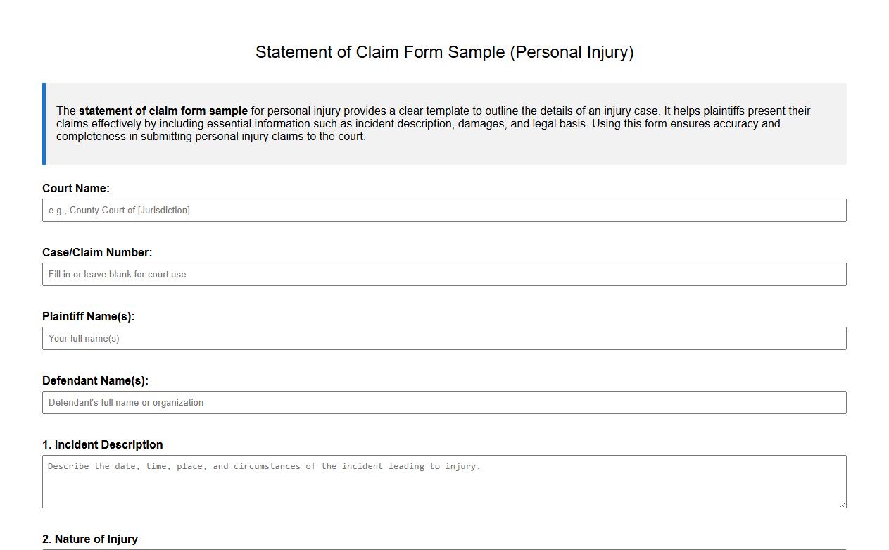 Statement of claim form sample for personal injury image preview