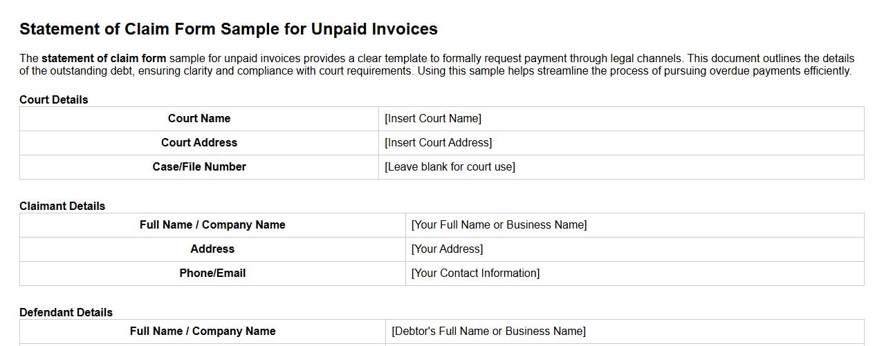 Statement of claim form sample for unpaid invoices image preview