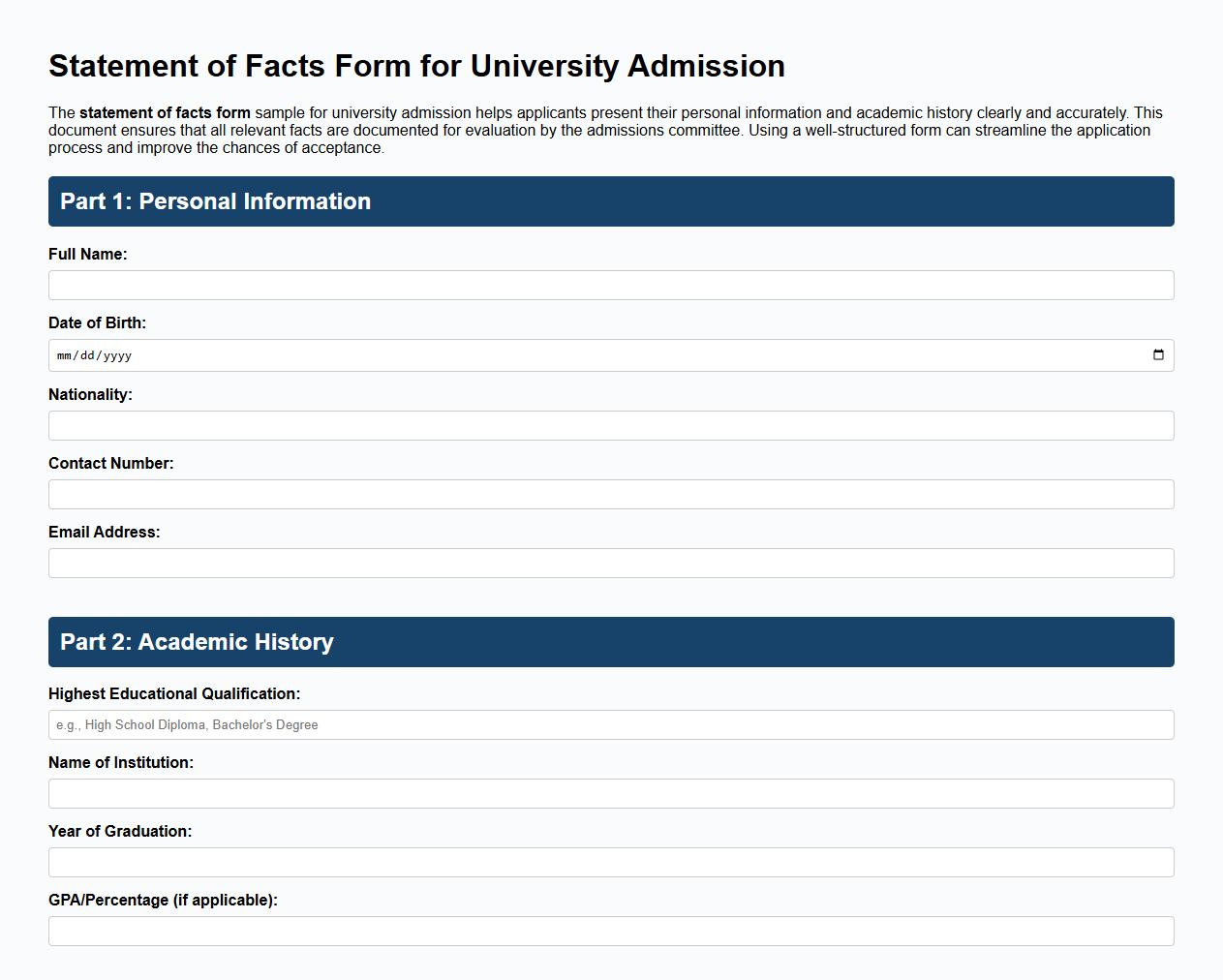 statement of facts form sample for university admission image preview
