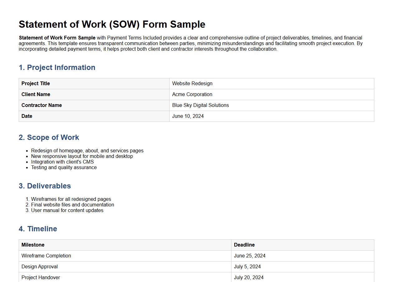 Statement of Work Form Sample with Payment Terms Included image preview