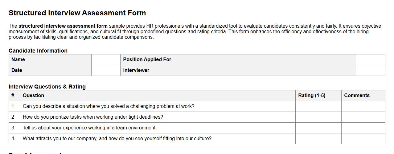 Structured interview assessment form sample for HR professionals image preview