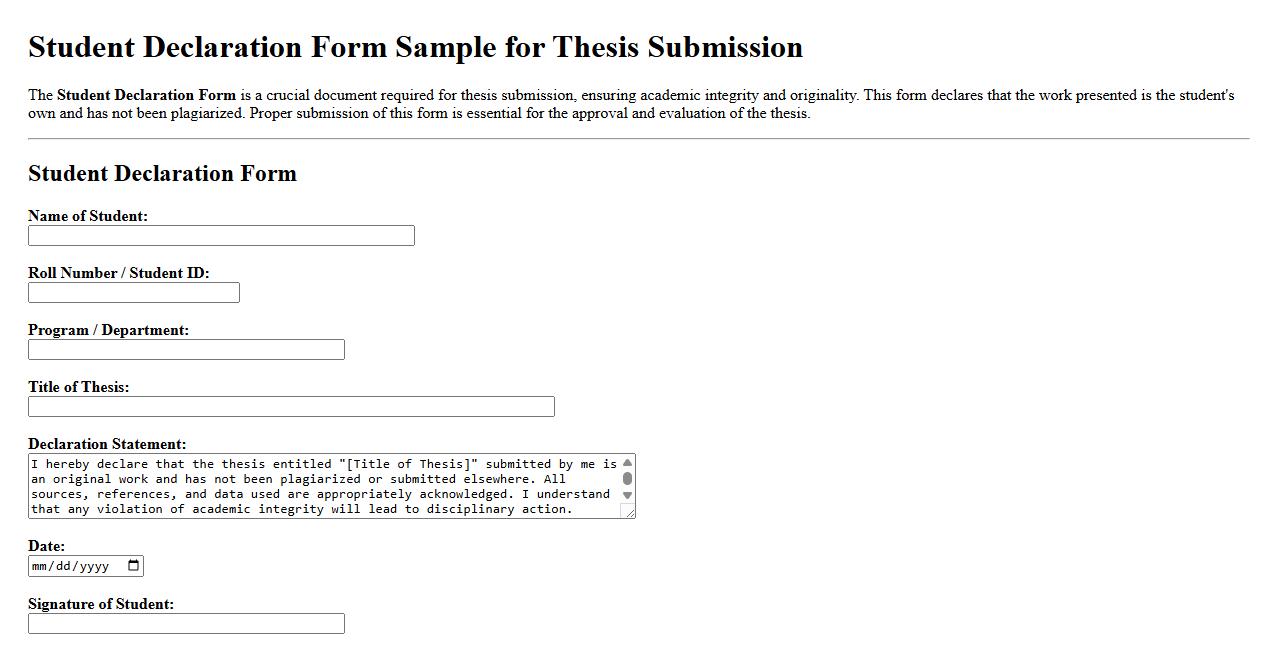 Student Declaration Form Sample for Thesis Submission image preview