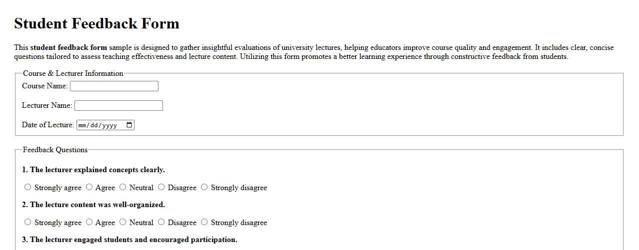 Student feedback form sample for university lectures image preview