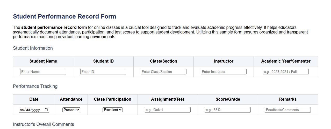 Student performance record form sample for online classes image preview