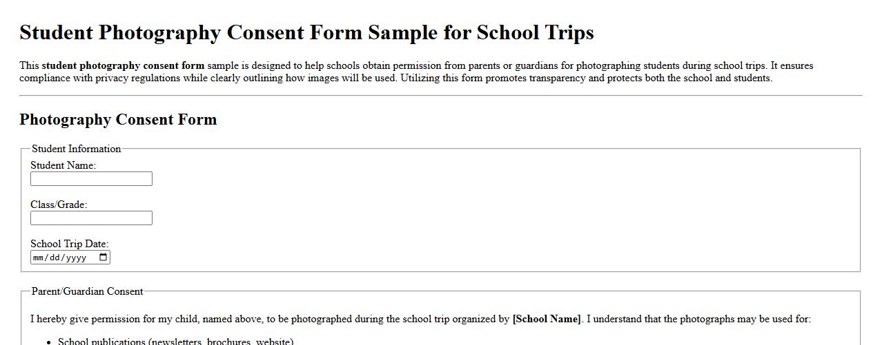 Student photography consent form sample for school trips image preview