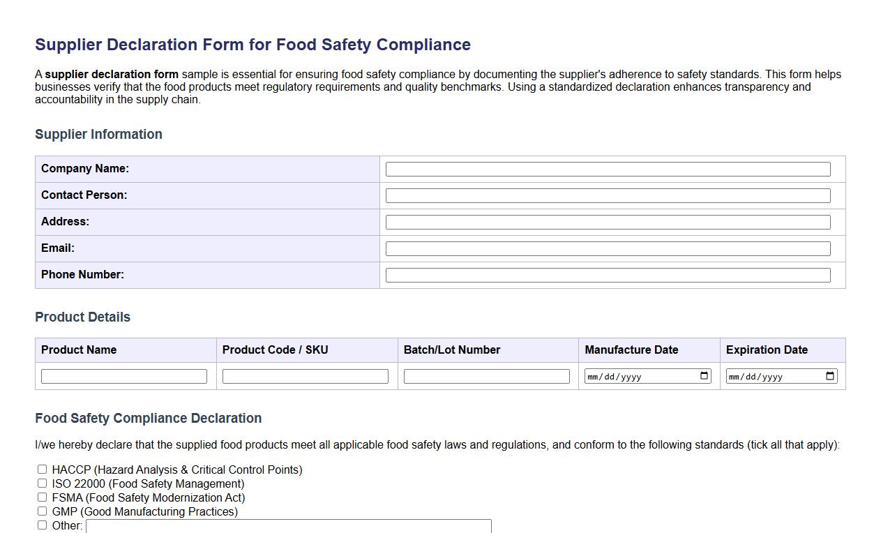 supplier declaration form sample for food safety compliance image preview