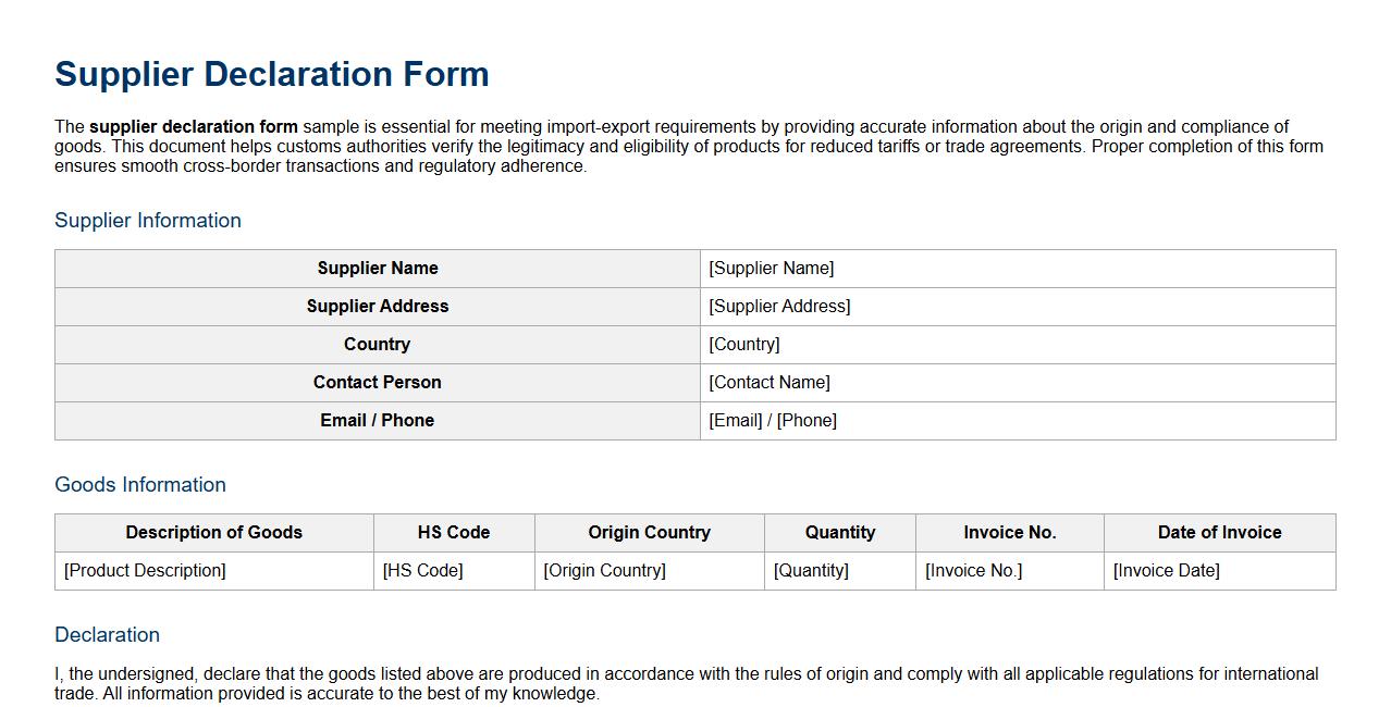 supplier declaration form sample for import export requirements image preview