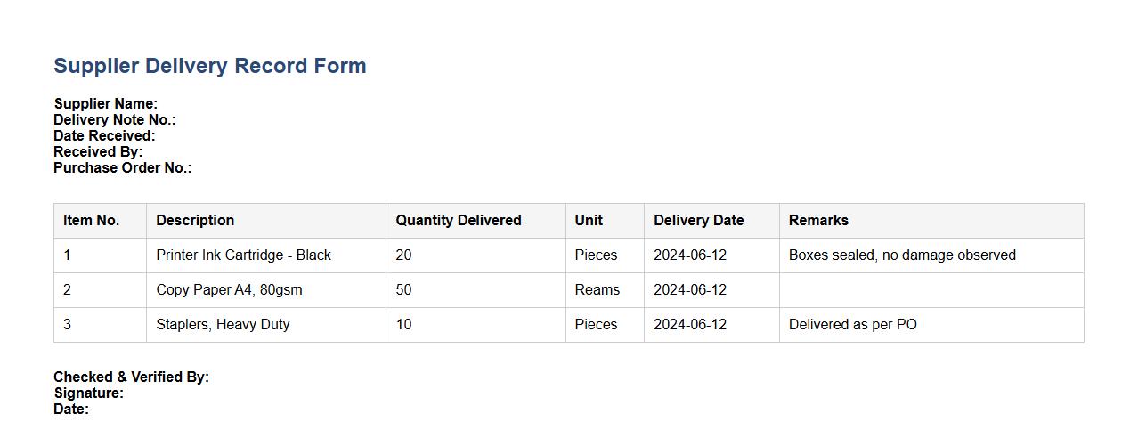 Supplier delivery record form sample including itemized details image preview
