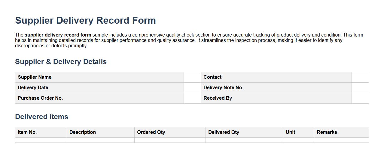 Supplier delivery record form sample with quality check section image preview
