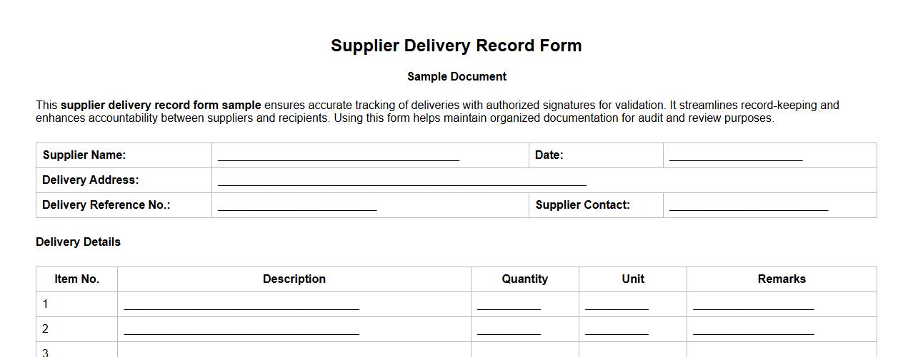 Supplier delivery record form sample with signatures image preview