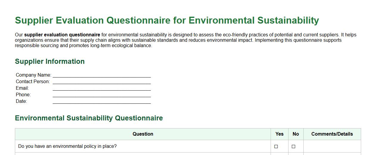 Supplier evaluation questionnaire for environmental sustainability image preview