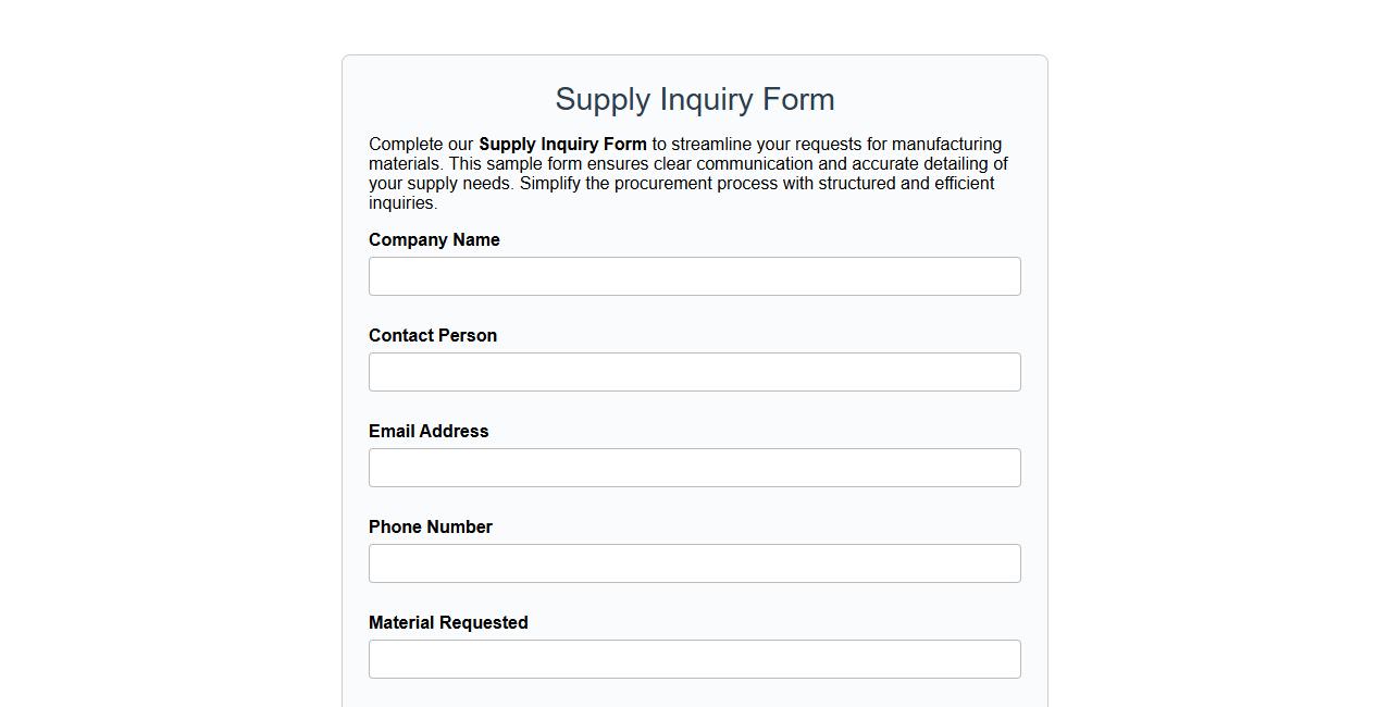 Supply inquiry form sample for manufacturing materials image preview