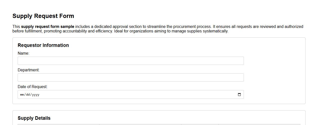 supply request form sample with approval section image preview