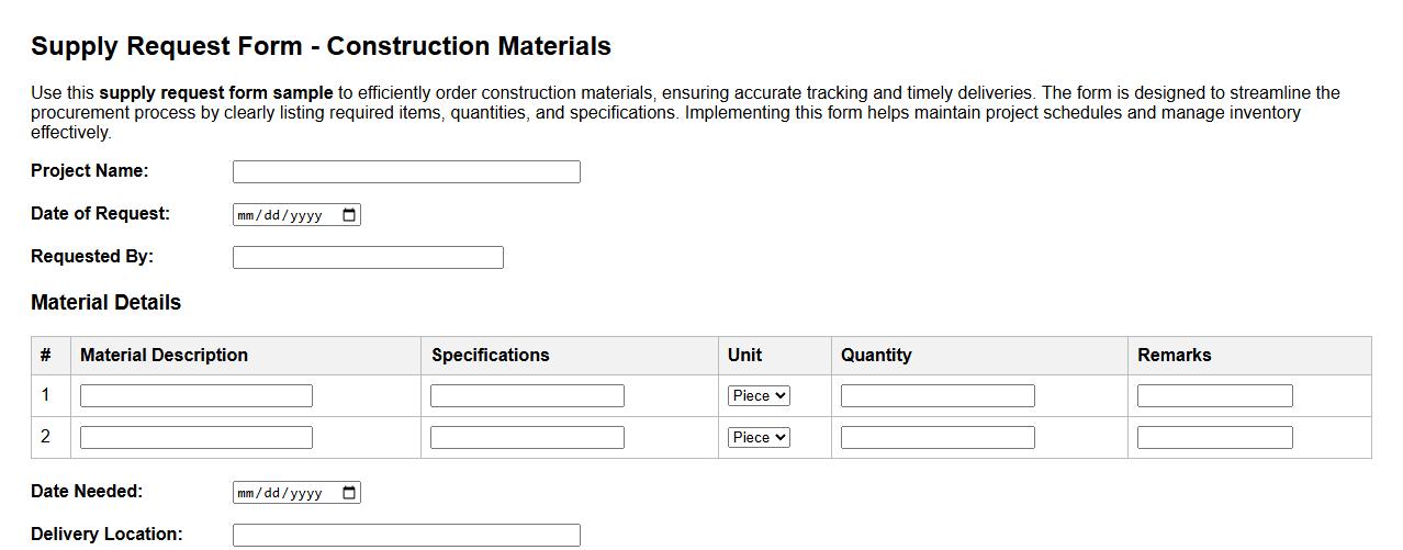 supply request form sample for construction materials image preview