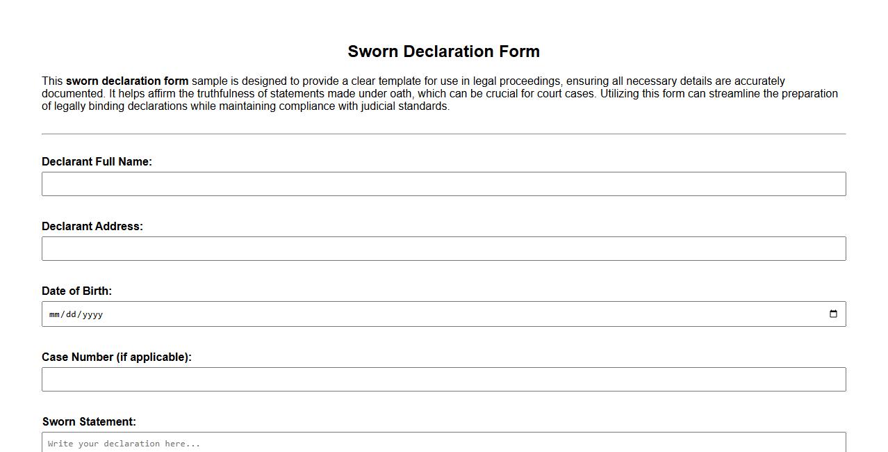 Sworn declaration form sample for legal proceedings image preview