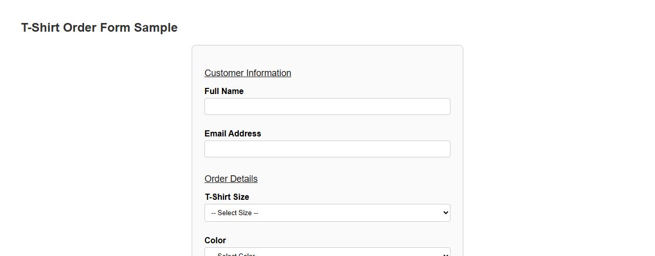 t-shirt order form sample with payment section image preview