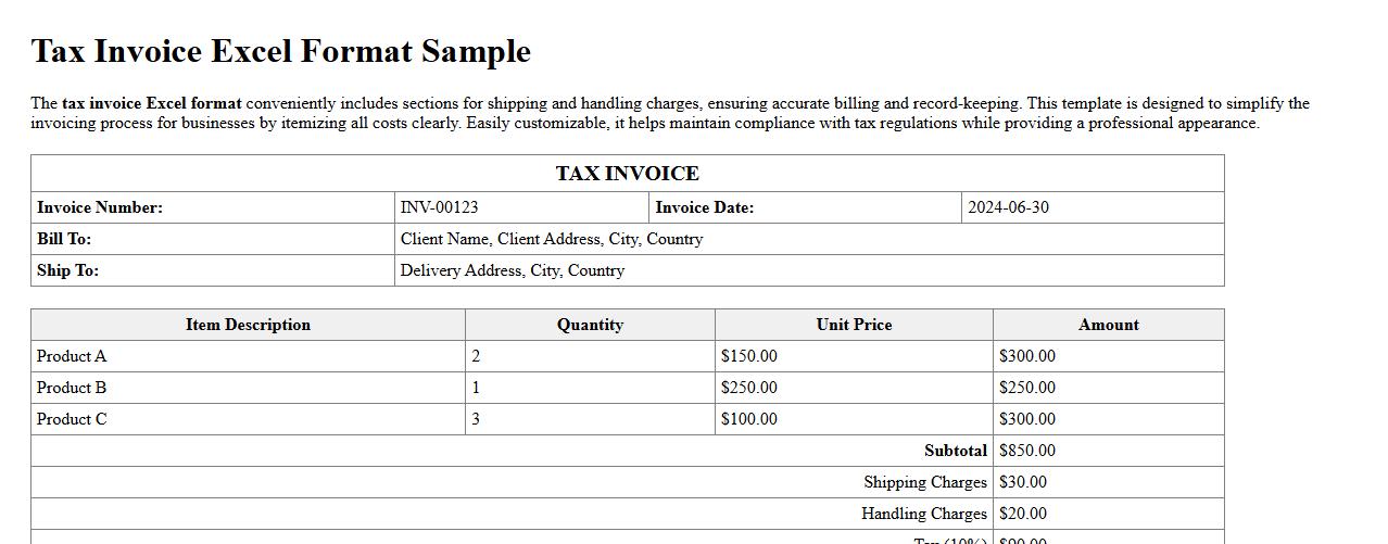 Tax invoice excel format including shipping and handling charges image preview