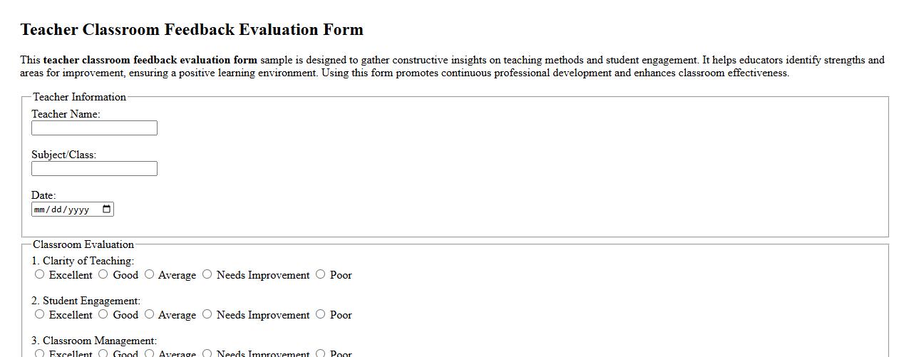 teacher classroom feedback evaluation form sample image preview