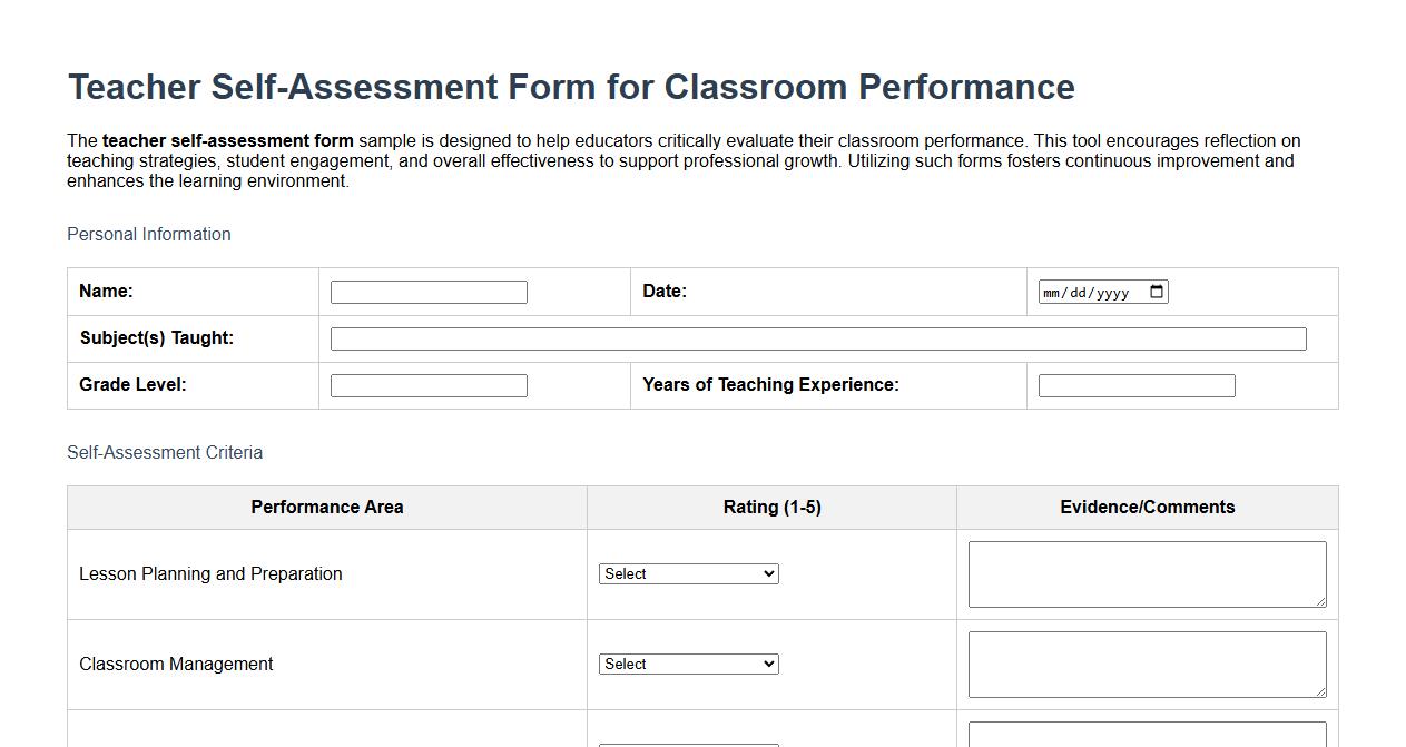 teacher self-assessment form sample for classroom performance image preview