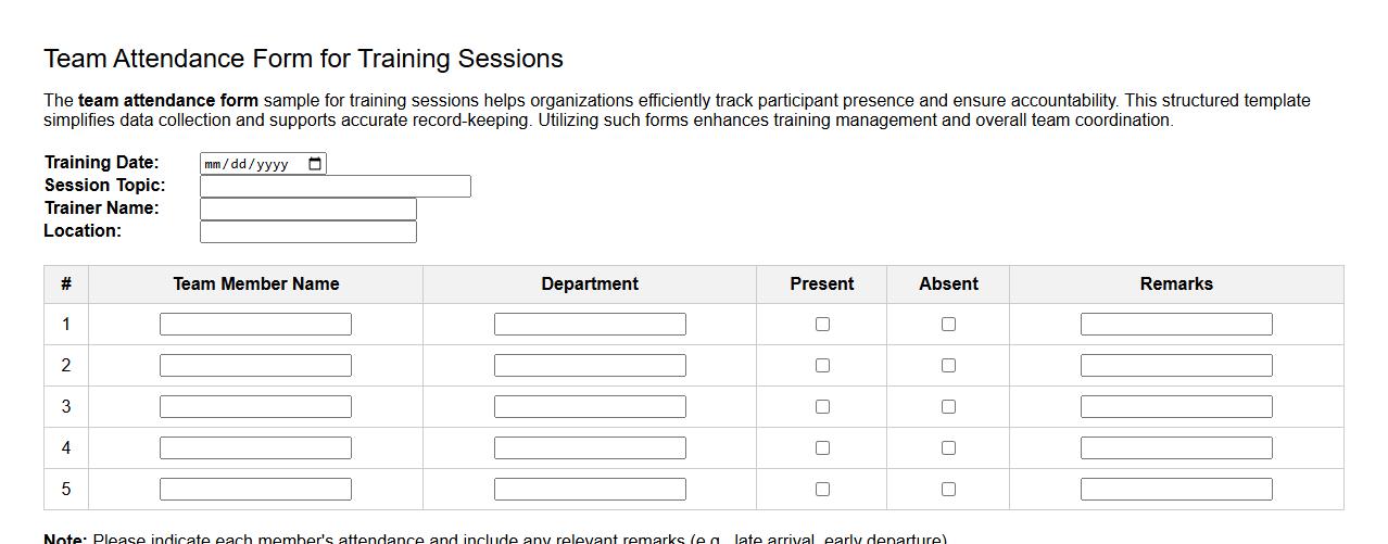 team attendance form sample for training sessions image preview