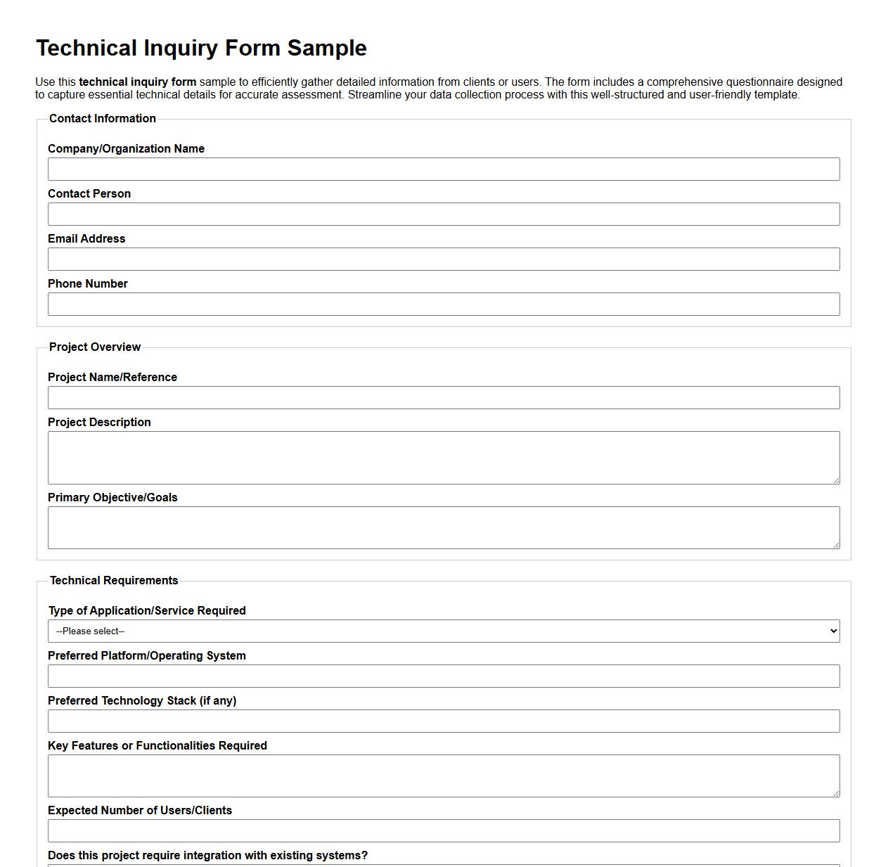 Technical inquiry form sample with detailed questionnaire image preview