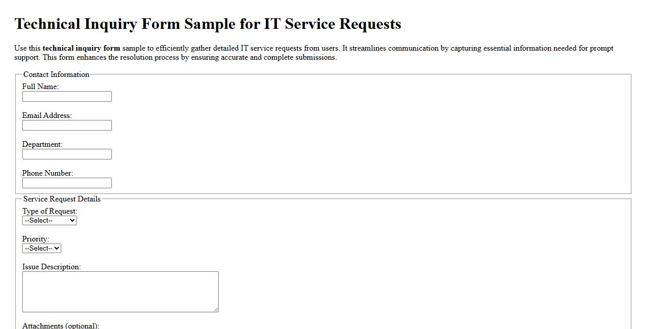 Technical inquiry form sample for IT service requests image preview