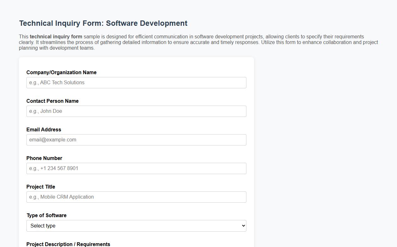 Technical inquiry form sample for software development image preview