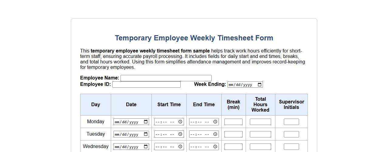 temporary employee weekly timesheet form sample image preview