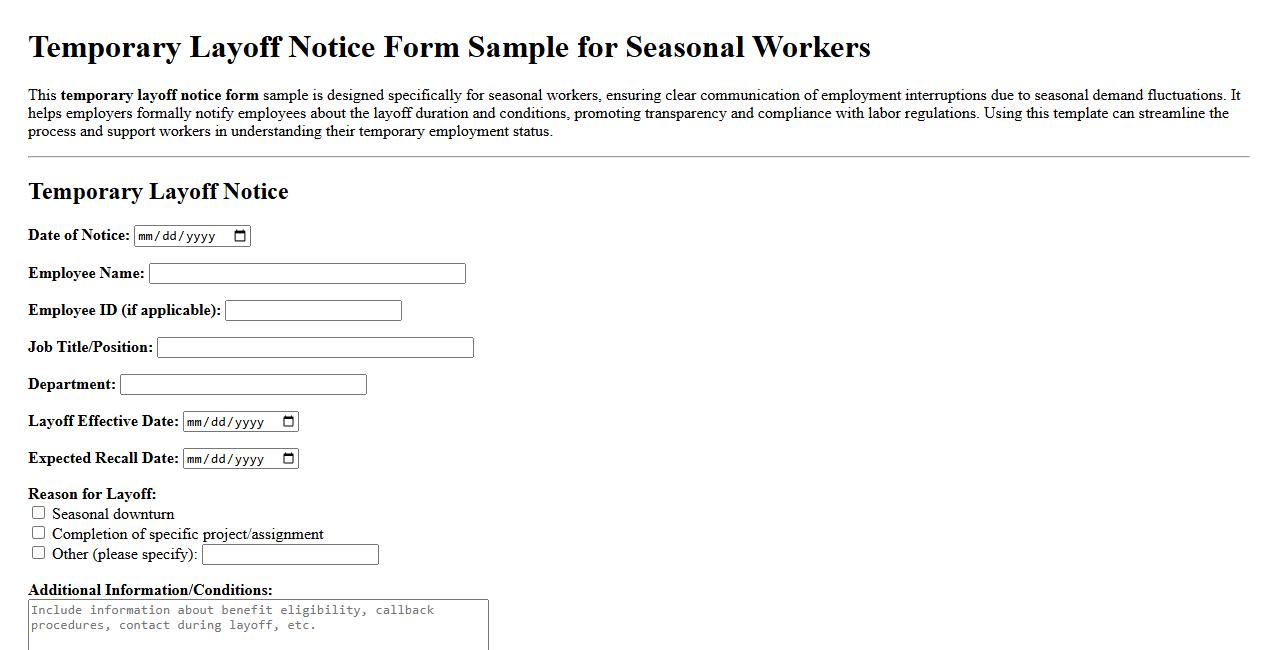 Temporary layoff notice form sample for seasonal workers image preview