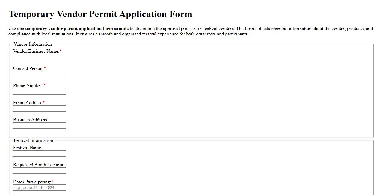 temporary vendor permit application form sample for festivals image preview