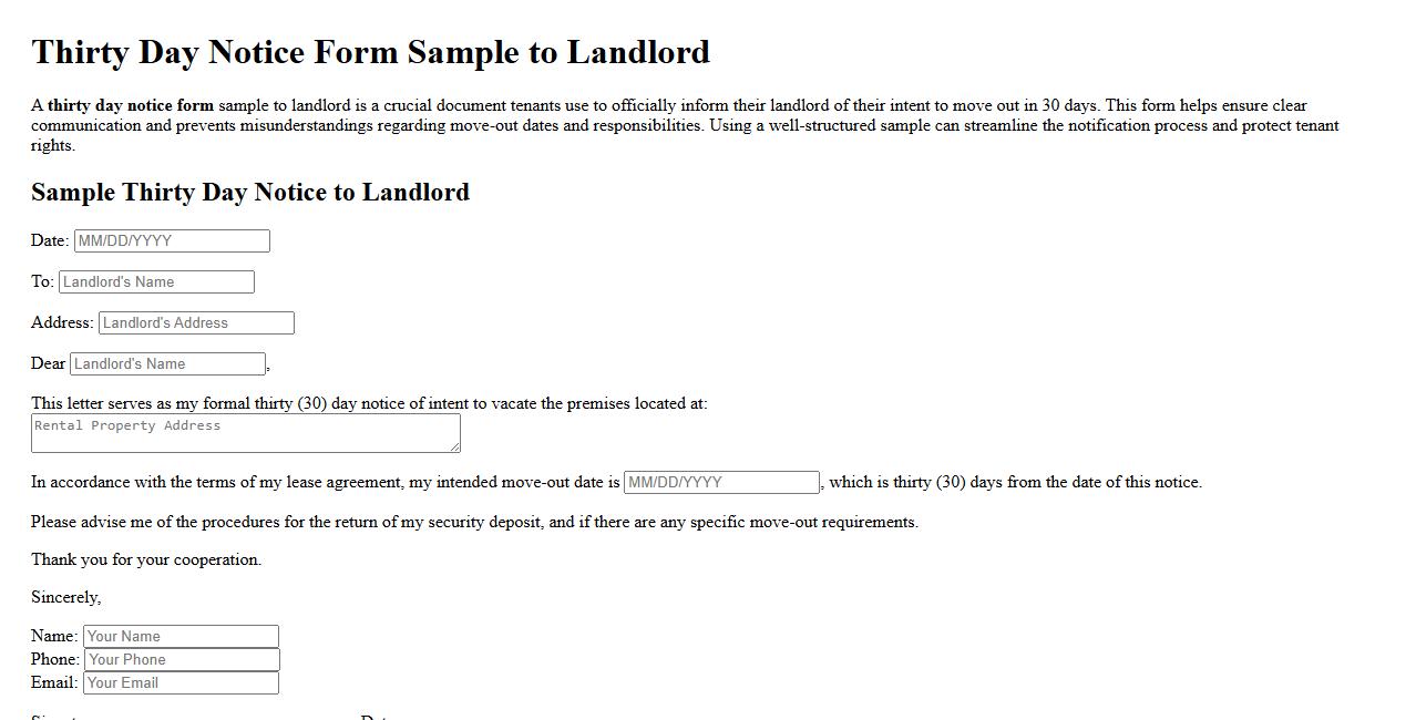 thirty day notice form sample to landlord for moving out image preview