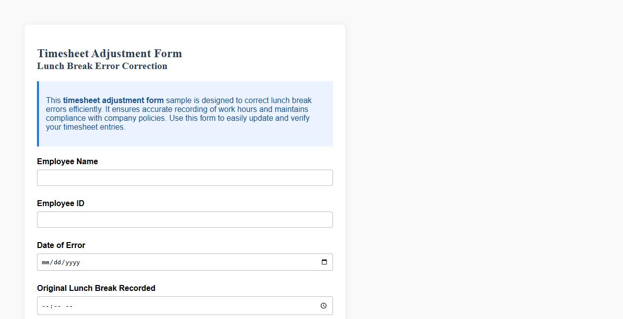 Timesheet adjustment form sample for lunch break error image preview