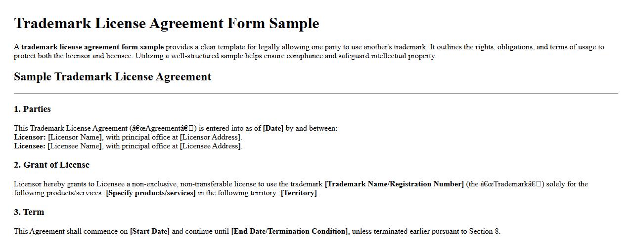 Trademark license agreement form sample image preview