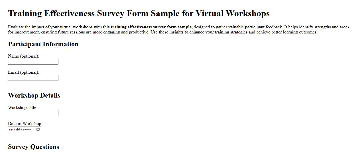 Training effectiveness survey form sample for virtual workshops image preview