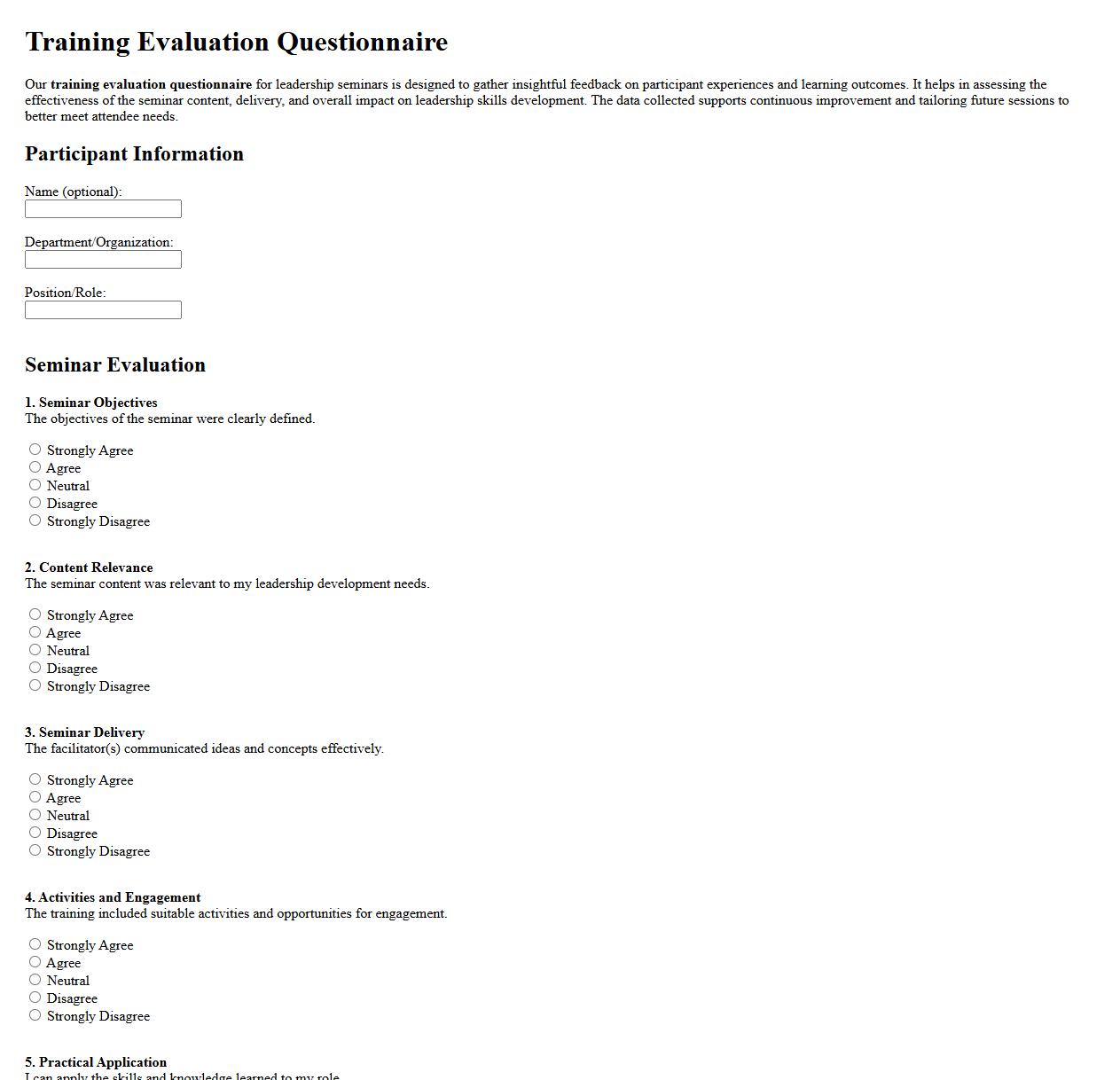 training evaluation questionnaire for leadership seminars image preview