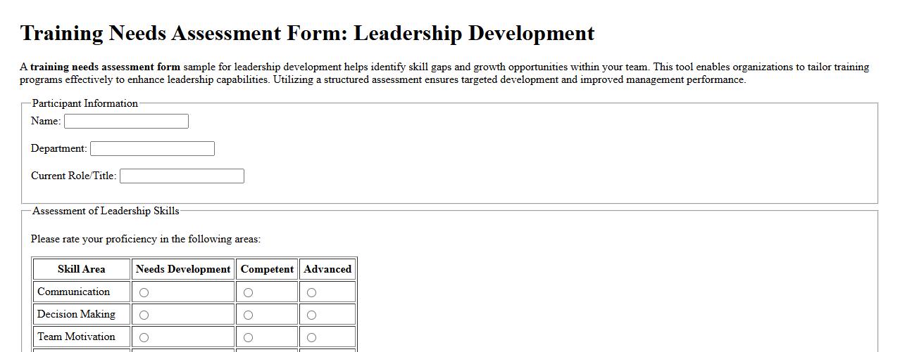 Training needs assessment form sample for leadership development image preview
