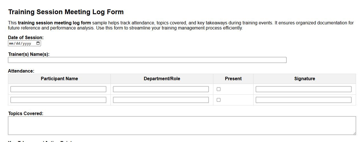 training session meeting log form sample image preview