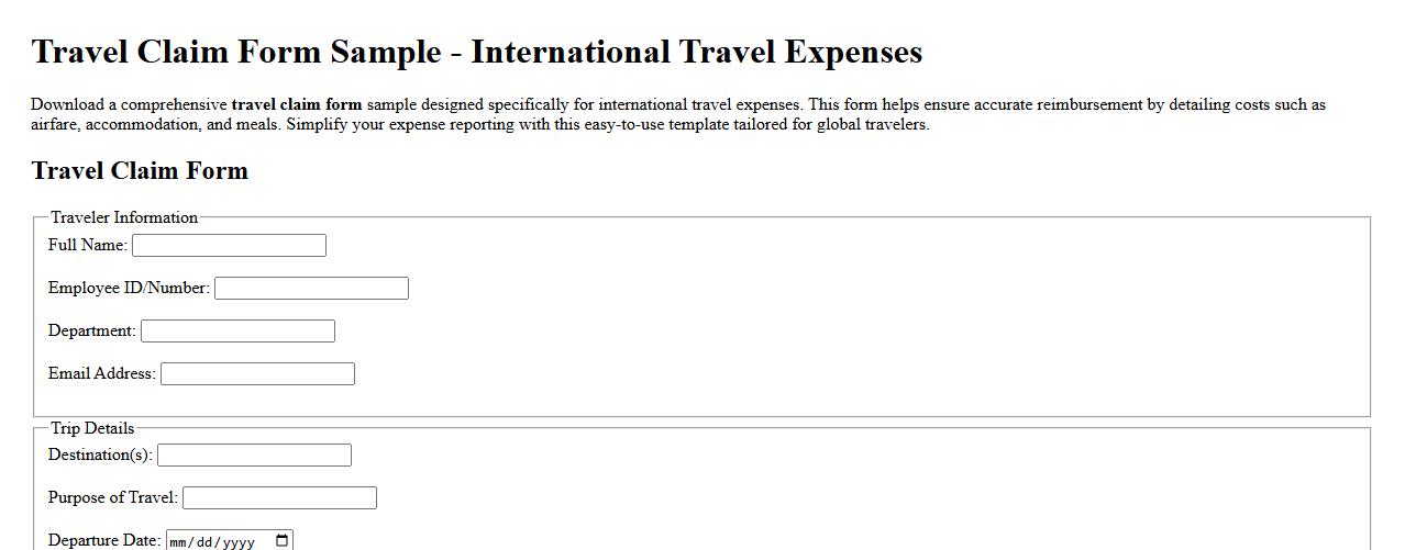 Travel claim form sample for international travel expenses image preview