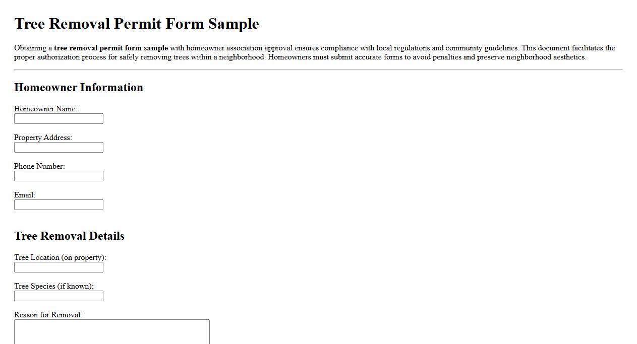 Tree removal permit form sample with homeowner association approval image preview