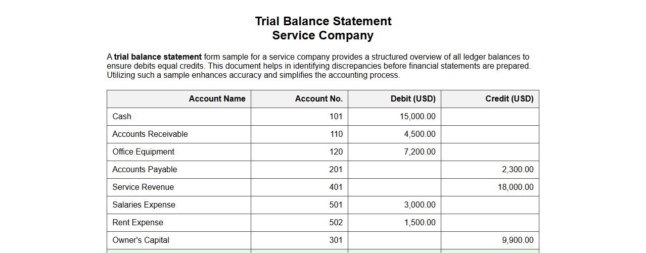 trial balance statement form sample for service company image preview